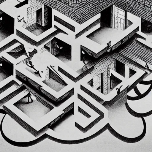 Prompt: black and white illustration of an impossible image by M.C. Escher