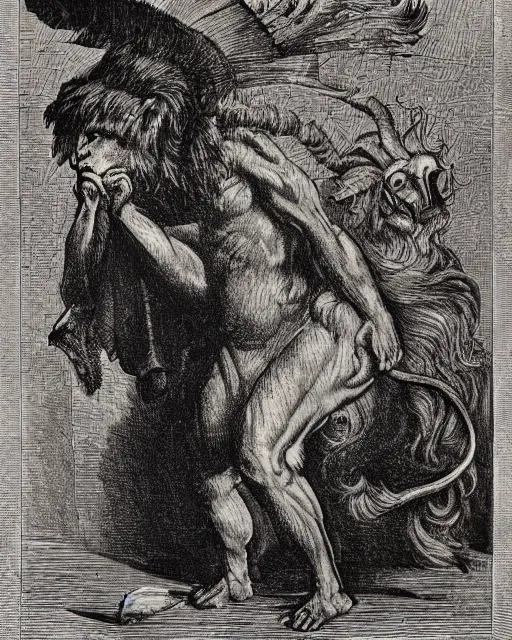 Image similar to a creature with the body and eyes of a man, with the beak of an eagle, the mane of a lion, and the horns of an ox. drawn by francis bacon