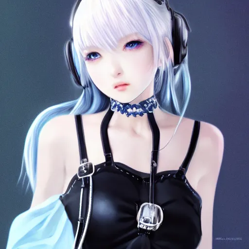 Image similar to realistic detailed semirealism beautiful gorgeous cute Blackpink Lalisa Manoban white hair white cat ears blue eyes, wearing black camisole maid outfit, headphones, black leather choker full HD 4K high resolution quality WLOP, Aztodio, Taejune Kim, Guweiz, Pixiv, Instagram, Artstation