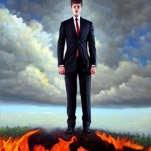 Image similar to a hyper realistic painting of a calm young man in a burning business suit, his clothes are burning, full body painting, long shot, coherent symmetrical eyes, by jeffrey smith, by andrea kowch, by steve henderson, masterpiece, trending on artstation,