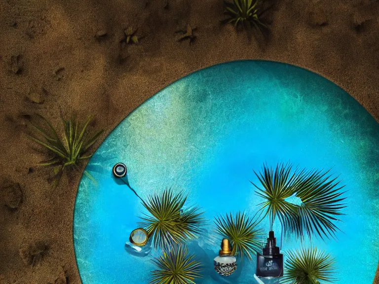 Image similar to perfume bottle in the center of a desert oasis in deep blue pond water surrounded by tropical flora ; 4 style of nicholas fols, 2 0 0 mm, mute dramatic colours, soft blur outdoor stormy sea background, volumetric lighting, hyperrealistic