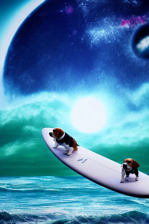 Prompt: beagle dog surfing a surfboard on a sparkly crashing wave of stardust in space, background is a moon in nebula, octane render, unreal engine, wide view, 8 k, highdetaild