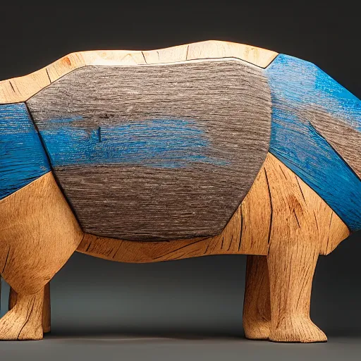 Prompt: dramatic lighting, studio zeiss 1 5 0 mm f 2. 8 hasselblad, a photo of a model hippo made of repurposed elm wood composite mixed with straight lines blue epoxy resin, award - winning photo