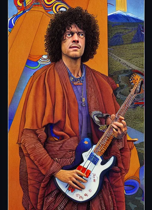 Image similar to an awesome jean giraud graphic art of pat metheny in the style of a renaissance masters portrait, mystical and new age symbolism and tibetan book of the dead imagery, intricately detailed, 4 k