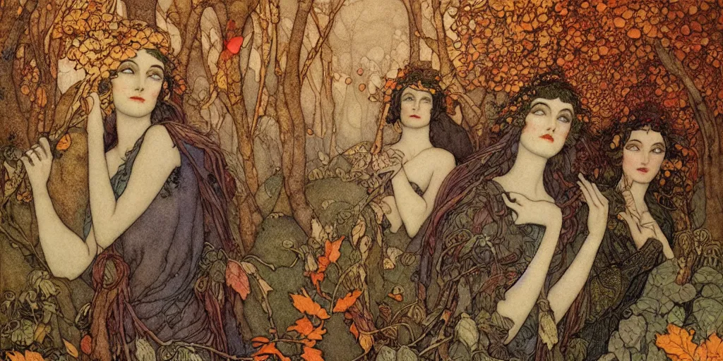 Prompt: breathtaking detailed concept art painting of goddesses of autumn by edmund dulac, vintage illustration pattern with bizarre compositions blend of plants and stems and leaves by john howe, exquisite detail, extremely moody lighting, 8 k