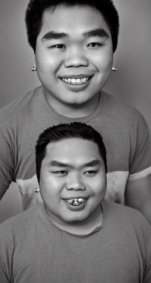 Image similar to close up photograph of just one single fat filipino teenage man smiling with crooked teeth, a curly perm, peach fuzz mustache, small studded earings, 4 k, photorealistic, high detail by yousuf karsh