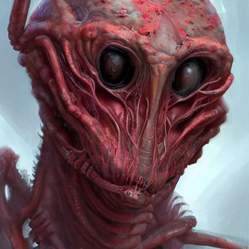 Image similar to scifi portrait by Greg Rutkowski, hideous monster made of twisted human flesh and reddish ooze, lumpy bloated upper body with elongated, thin limbs like a mantis, small head like a ball with two empty holes for eyes, only human beings are its legs, vicious appearance, scifi, space horror, digital painting, artstation, concept art, smooth, sharp foccus ilustration, Artstation HQ.