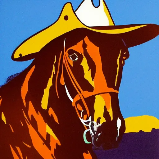 Prompt: cowboy outlaw sitting on a horse. serigraph. screen - printed. sun - bleached highlights on colt's face, hat in 4 colors