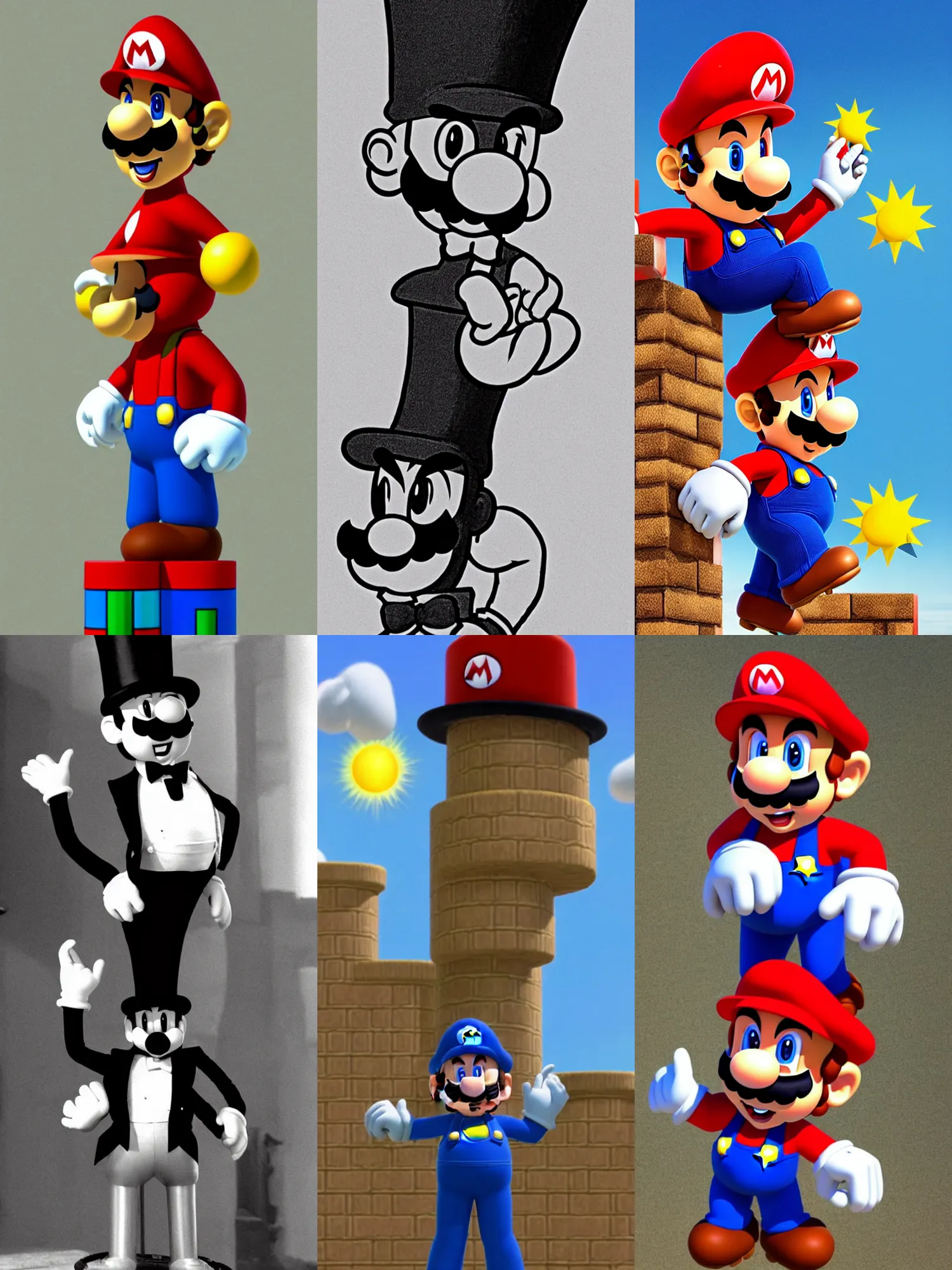 Prompt: Mario (Super Mario Bros) wearing a very very very tall top-hat a very long top hat a very tall top hat that is so tall it touches the sun.