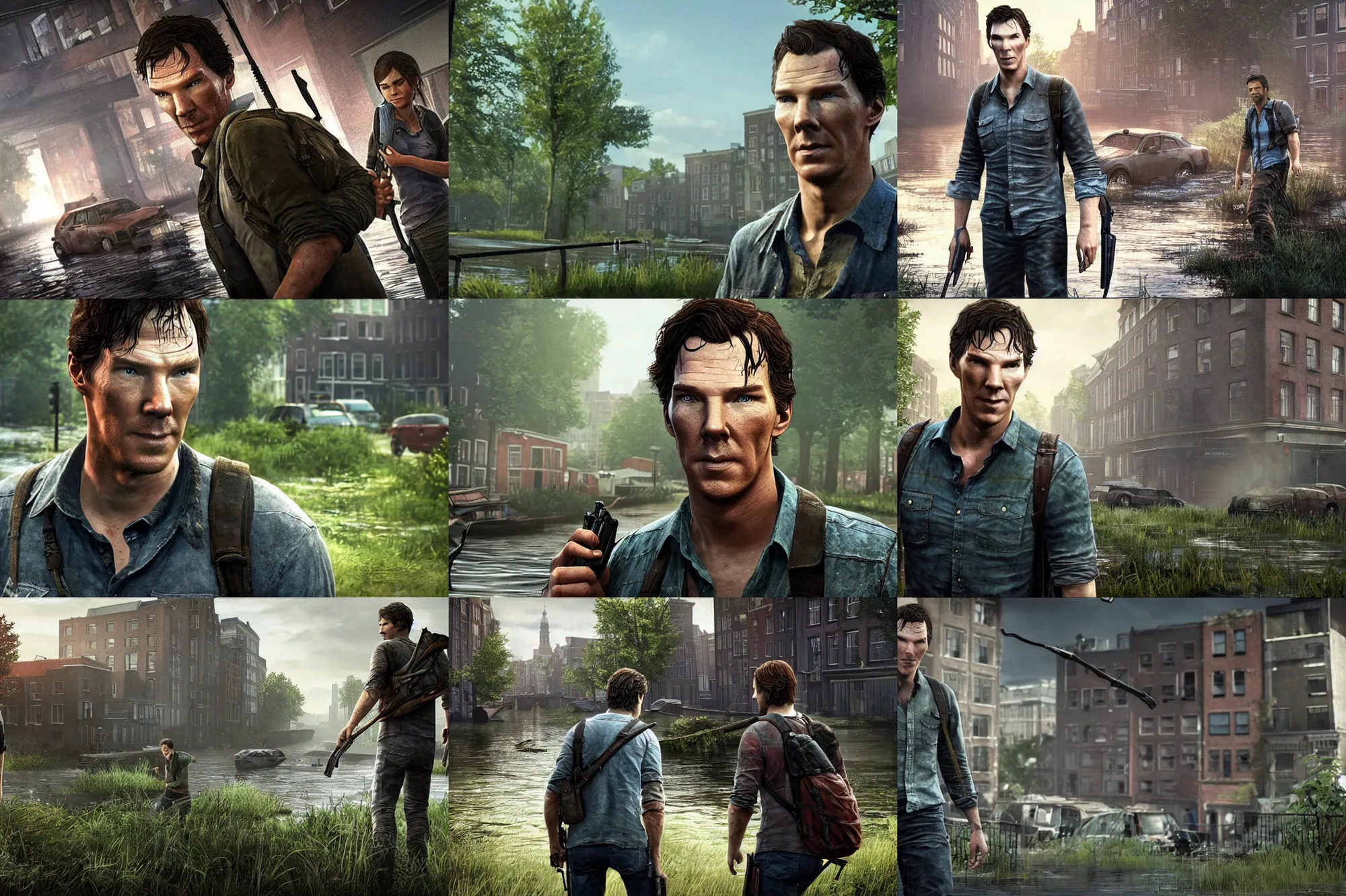 Prompt: a screenshot of benedict cumberbatch in the video game the last of us standing in amsterdam. 3 d rendering. unreal engine. amazing likeness. very detailed. cartoon caricature.