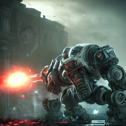 Image similar to killer robots in gears of war, splash art, movie still, cinematic lighting, ray tracing, octane render, long lens, shallow depth of field, bokeh, anamorphic lens flare, 8 k, hyper detailed, 3 5 mm film grain