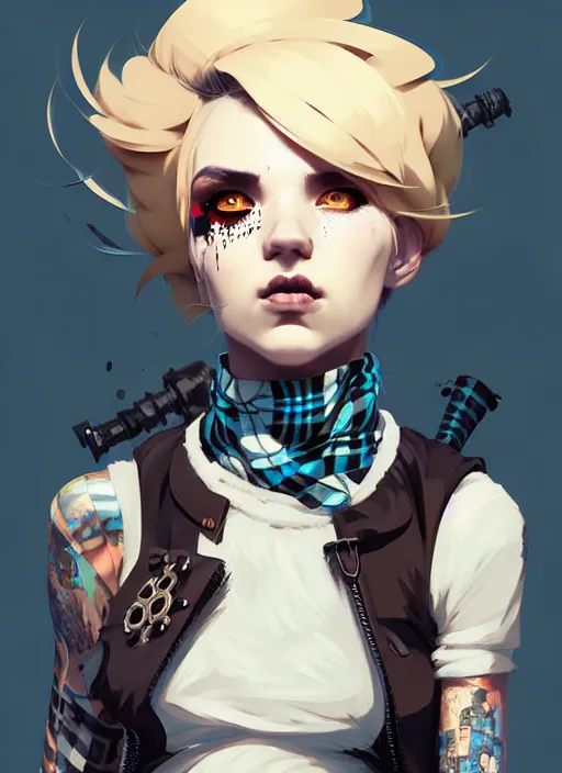 Prompt: highly detailed closeup portrait of a sewer punk female thief, tartan vestments, blonde hair by atey ghailan, by greg rutkowski, by greg tocchini, by james gilleard, by joe fenton, by kaethe butcher, gradient, blue, black, brown and cream color scheme, grunge aesthetic!!! white graffiti tag wall background