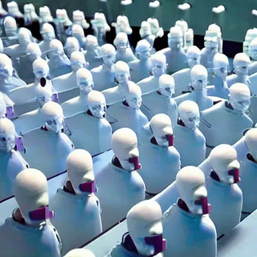 Prompt: army of identical athletic female clones in formation, white hair, tight light blue neopren suits, in rows, futuristic chemistry lab, sci - fi, highly detailed, cinematic