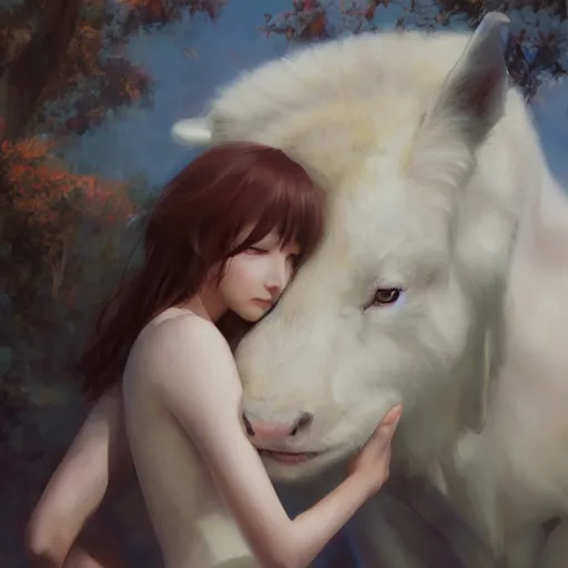 Prompt: a person hugging a large white animal, a detailed painting by krenz cushart, pixiv contest winner, fantasy art, official art, detailed painting, pixiv. highly detailed. 4 k masterpiece. unreal engine. photorealistic. realism. cinematic. photorealism. wideshot. coherent.