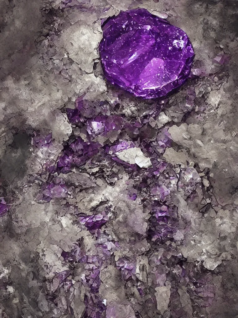 Prompt: big purple sapphire crystal gems embedded, worn decay texture, intricate concept art painting, fantasy, nature grotesque dark