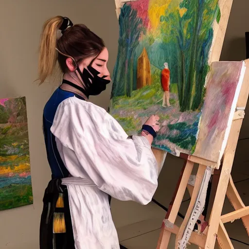 Prompt: a photo of an impressionist artist making a painting of billie ellish