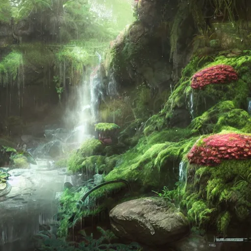 Image similar to an hidden waterfall, beautiful, atmosphere, vibe, mist, foam, puddles, fern, flowers, concept art illustration, color page, tone mapping, akihiko yoshida, james jean, andrei riabovitchev, marc simonetti, digital illustration, greg rutowski, volumetric lighting, sunbeams, particles