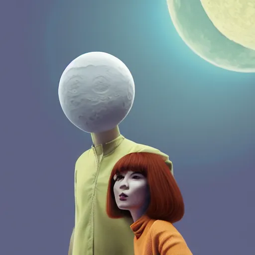 Prompt: a 3 d render of a cartoon giant moon, with 1 9 7 6 woman with floating hair, sci - fi clothes, fine facial features, beeple and james jean, aya takano color style, 8 k, super detailed, modern, 4 k, symmetrical