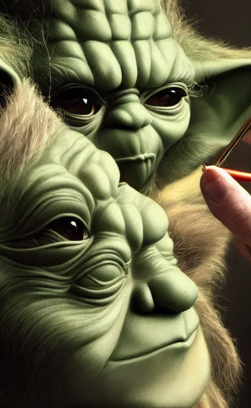 Prompt: beautiful detailed photorealistic painting of yoda putting on makeup in the mirror. hq, hd. detailed. trending on artstation