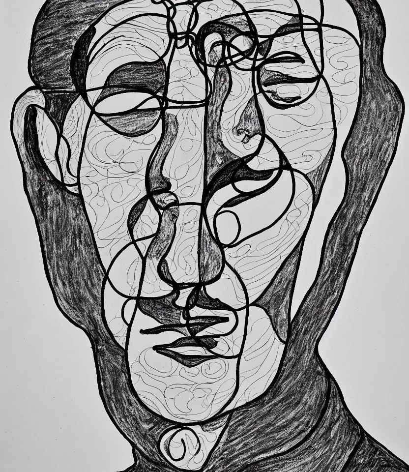 Prompt: elegant intricate line art portrait of the dalai lama. inspired by egon schiele. contour lines, graphic musicality, twirls, curls, curves, strong confident personality, staring at the viewer