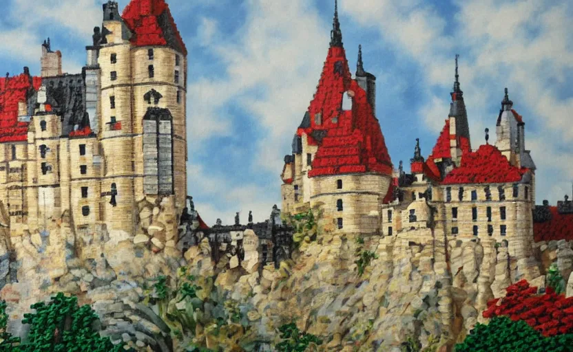 Image similar to a realistic French oil painting of a castle built from lego bricks