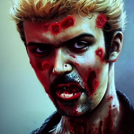 Image similar to eighties george michael as a flesh eating zombie with cuts on face, 7 days to die zombie, fine art, award winning, intricate, elegant, sharp focus, cinematic lighting, highly detailed, digital painting, 8 k concept art, art by guweiz and z. w. gu, masterpiece, trending on artstation, 8 k