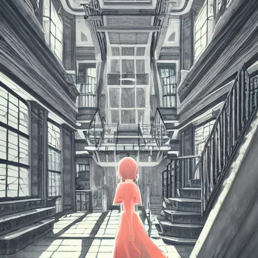 Prompt: a creepy woman walking through a bright white staircase with many doors and hallways, mc escher architecture, very detailed background, epic composition, anime key visual, anime style, by makoto shinkai