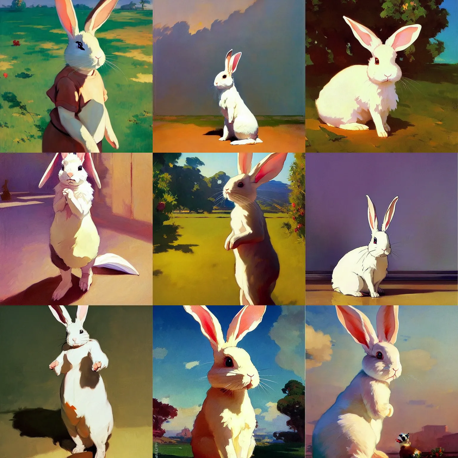 Image similar to a rabbit with ears down standing up by studio ghibli painting by joaquin sorolla rhads leyendecker an aesthetically pleasing dynamic energet