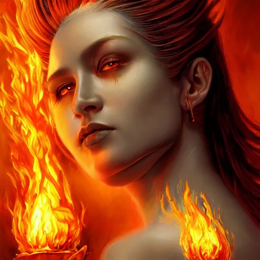 Image similar to A stunning portrait of a goddess, her body made of flames, by Jim Burns, 8K UHD, intricate, fantasy, Trending on artstation.