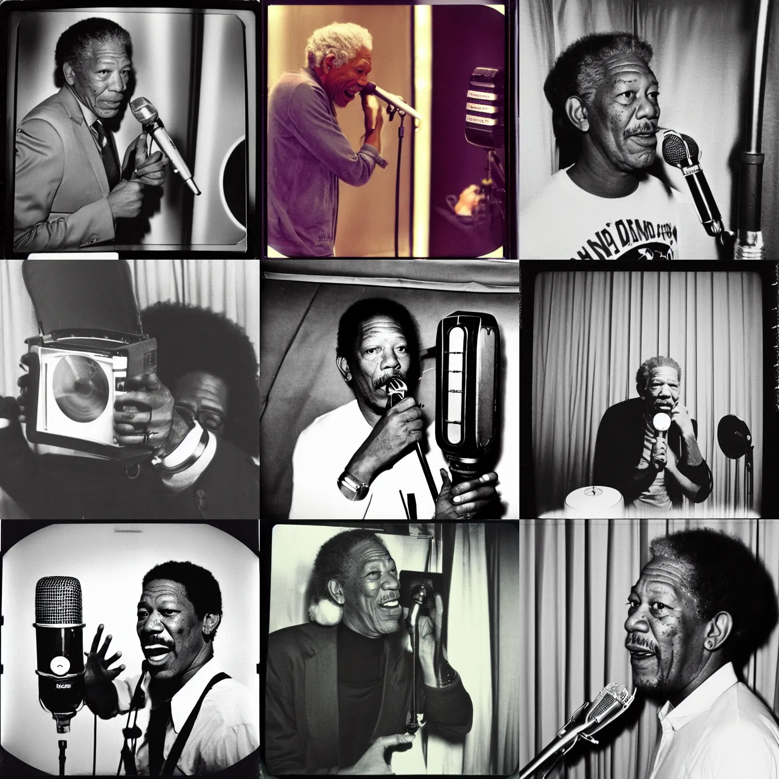 Prompt: a 1 9 8 0 s polaroid camera photograph of morgan freeman rapping into a condenser mic in a smokey vocal booth