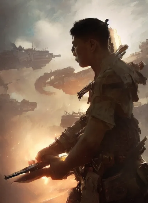 Prompt: side profile of a filipino fighter holding a scepter next to a tank, fantasy, digital painting, volumetric light, intricate, sharp, focus, bloom, illustration, highly detailed, concept art, matte, ruan jia and greg rutkowski, masterpiece