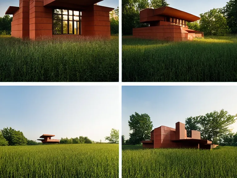 Image similar to hyperrealism design by frank lloyd wright and kenzo tange photography of beautiful detailed small house around the forest in small ukrainian village by taras shevchenko and wes anderson and caravaggio, wheat field behind the house, volumetric natural light