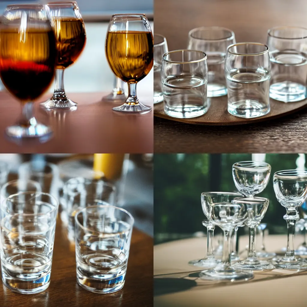 Prompt: close-up photo of a few glasses on the table