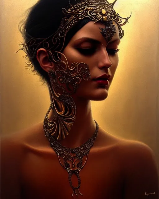 Image similar to portrait of a beautiful goddess, enigmatic beauty, dominant shades of black, gold silver, dark red, white, head in focus, fantasy art, ornamental aesthetics, intricate, elegant, highly detailed, hyperrealistic painting, artstation, concept art, painterly, sharp focus, illustration, art by karol bak