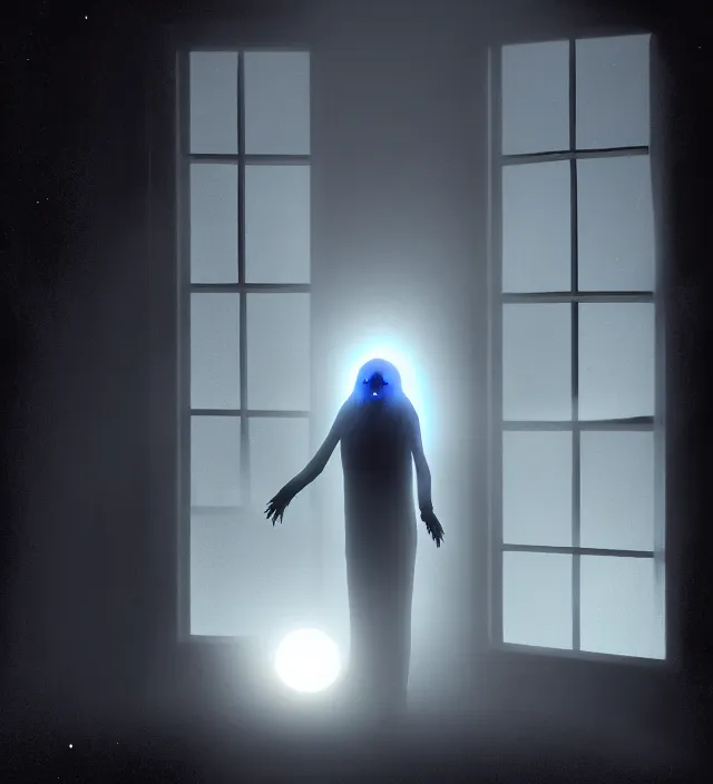 Image similar to a nightmare humanoid ghost monster alien standing in front of a window, moon light through the window, volumetric lighting, hyperealistic, 4 k, inspired by stephen king, inspired by lovecraft, inspired by jeffrey smith