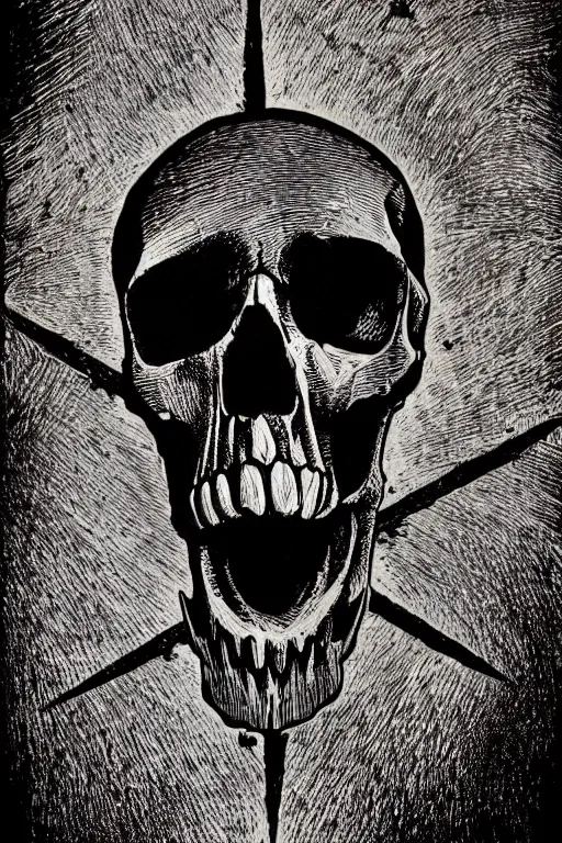 Prompt: art by brian reedy, a beautiful black ink linocut print of a skull and cross bones, 8 k, frostbite 3 engine, cryengine, ground level shot, dof, trending on artstation, digital art, crepuscular ray