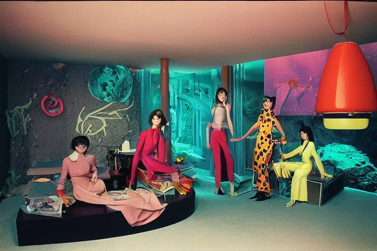 Image similar to first-person view of a vogue female models wearing discowear sitting inside of an unlit lit 1970s underwater chinese convenience star with a soviet computer console on the wall, a suspended fireplace, large semi-translucent windows, lava lamp, an exterior of the deep sea floor with bioluminescent species, ektachrome photograph, volumetric lighting, f8 aperture