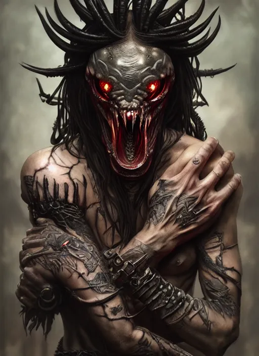 Image similar to ultra realistic, predator, male, fangs, goth, tattoos, leather, fantasy, flesh, bone, body horror, intricate details, eerie, highly detailed, octane render, 8 k, art by artgerm and alphonse mucha and greg rutkowski