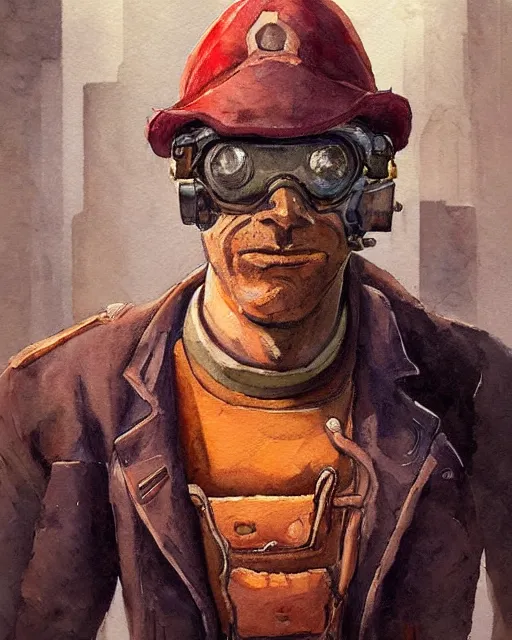 Image similar to a oil / watercolor painting full body character portrait of a bullet artificer in the style of moebius in the style of leonard boyarsky trending on artstation deviantart pinterest detailed realistic hd 8 k high resolution
