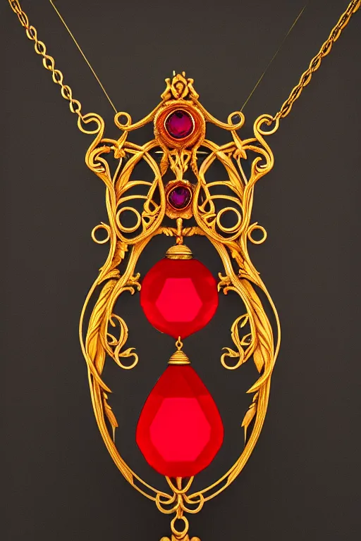 Prompt: historical, art nouveau, red gemstone necklace hanging around a neck, gold metal, glowing inside, octane render, realistic, dramatic light, 3 d, photograph 4 k,