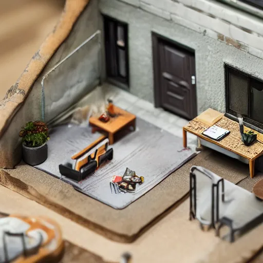 Prompt: a tiny apartment for ants, macro photography, ambient, miniatures