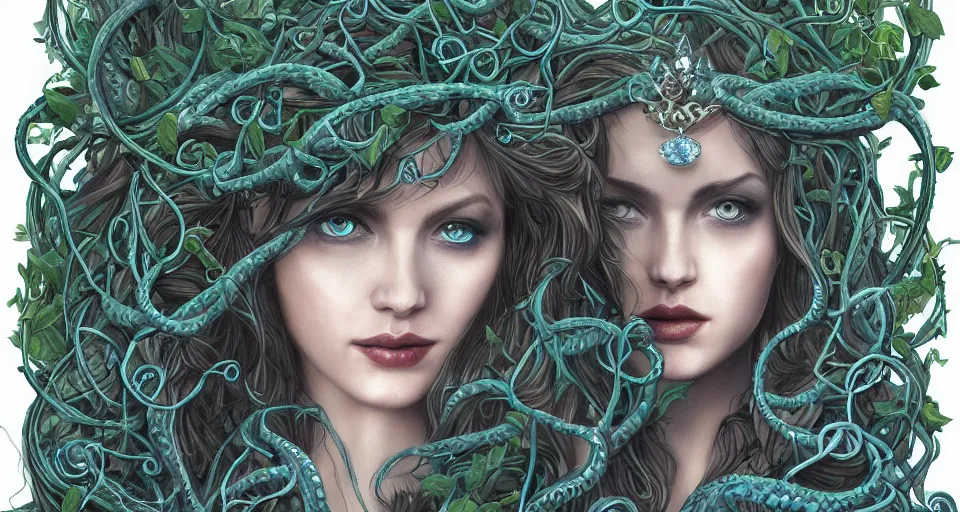 Image similar to detailed portrait of the queen of snakes, realism, pale blue, emerald, sapphire, wearing a crown of vines, nest of vipers, moonlit, dark fantasy, dramatic lighting, cgsociety, artstation