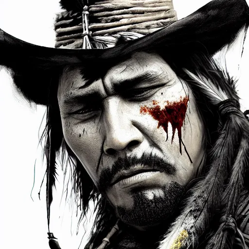 Image similar to portrait of a native american warrior, black paint on face, drawn by ruan jia, fantasy art, red dead redemption, django, cliffs background, weird west, deadlands, dramatic lighting, digital art, 8 k, extremely detailed