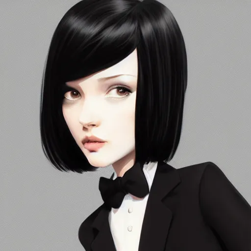 Image similar to slim girl in tuxedo with short black hair, elegant, 2d, ultra highly detailed, digital painting, smooth, sharp focus, artstation, art by Ilya Kuvshinov