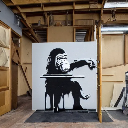 Image similar to ape in a carpenter workshop made by banksy
