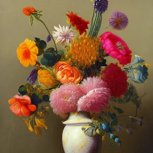 Image similar to A still life painting of a vase of flowers, with a bright and colorful palette, by Dutch artist Jan van Huysum