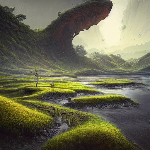 Image similar to digital art of a lush natural scene on an alien planet by michal klimczak ( shume ). extremely detailed. science fiction. beautiful landscape. weird vegetation. cliffs and water.