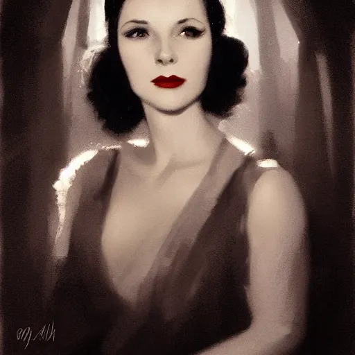 Image similar to a closeup portrait of a young vivian leigh, 1 9 2 0 s, femme fatale, gorgeous view, night, film noir, eerie, high detail, depth, masterpiece by greg rutkowski, digital art, trending on artstation