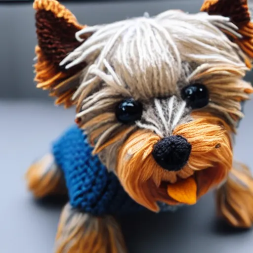 Prompt: a closeup photorealistic smiling knitted plush yorkshire terrier.