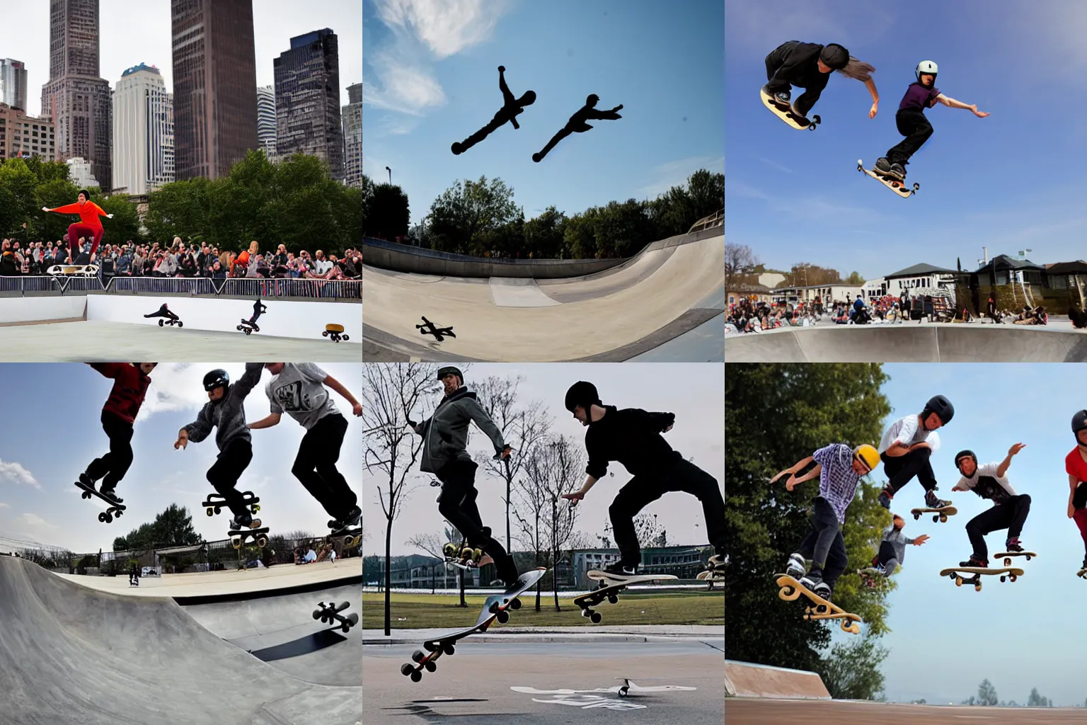 Prompt: people flying on skateboarding in air